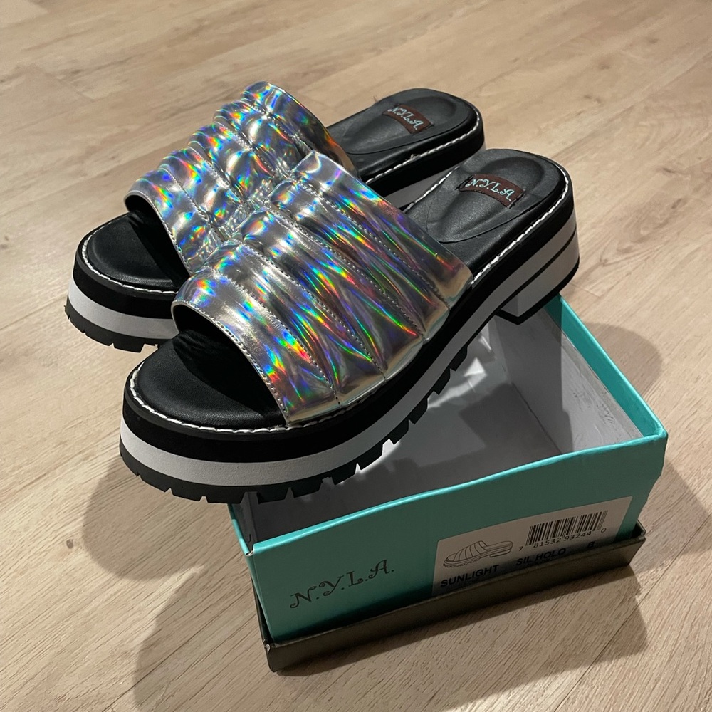 🚚 MOVING SALE N.Y.L.A holographic slip on platform sandals